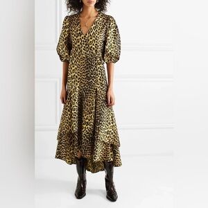 GANNI Bijou Leopard Print Cotton Wrap Dress in Minion Yellow